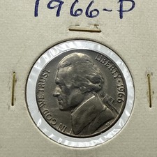 1966 P Jefferson Nickel Brilliant Uncirculated BU In Cardboard 2x2 Coin Flip picture