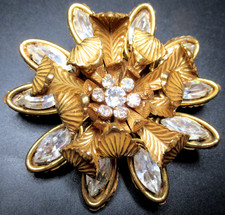 MIRIAM HASKELL Huge Sparkling Ice Rhinestone Golden Flower Vintage Pin Brooch picture