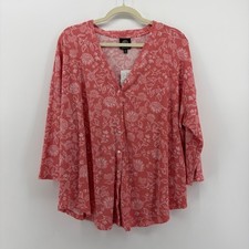 Bobeau Womens XL Coral Pink Ivory Floral Print Waffle Knit Button Front Top picture