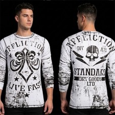 $78 AFFLICTION White DEATH MACHINE Long Sleeve Slim Fit Y2K Thermal T-shirt NWT picture