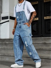 Distressed Light Blue Denim Overalls Men Ripped Loose Fit Vintage Streetwear Bib picture