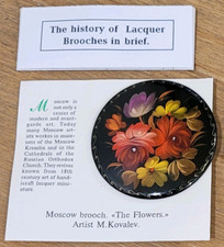 Vintage Russian Lacquer Brooch Pin Hand Painted Flowers Signed picture