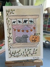 ACEO Autumn Windowsill Black Cat with Pumpkin Original Watercolor Painting picture