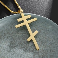 Gold Cross Necklace Eastern Orthodox Stainless Steel Pendant Men Russian Greek picture