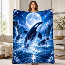Moonlit Orca Breach Coral Fleece Blanket Ocean Wildlife Decor picture