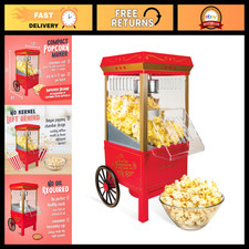 Vintage Hot-Air Popcorn Maker Machine - 12 Cups, Oil-Free, Classic Cart, Red picture