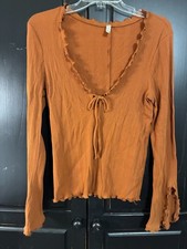 Intimately Free People Fall For You Long Sleeve Ruffle Top Bell Sleeve L Brown picture