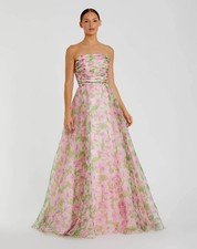 Mac Duggal Pink Green Multi Strapless Floral Chiffon Ruched Gown Size 12 $598 picture