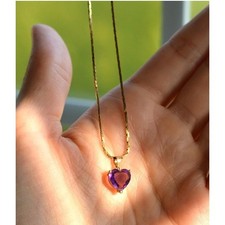 Vintage 14K Italian Solid Gold Amethyst Heart Necklace, Long 24.5