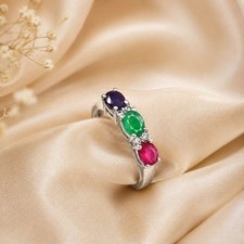 Multi Stone Genuine Emerald Ruby Blue Sapphire Ring 925 Silver Minimal Jewelry picture