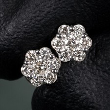Unisex Solid 10k White Gold  0.38Ct Natural Diamond Cluster Small Stud Earrings picture