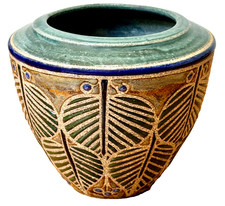 Cathra Anne Barker Santa Fe Studio Art Pottery Leaf Design Vessel Bowl Vase Vtg picture