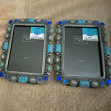 Sheffield Home Set of 2 4x6 Metal Beaded Photo Frames Blue Accent Stones Easel  picture