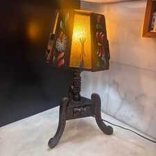 Vintage Hand-Painted folk art eclectic Spanish Wooden carved Lamp Amber Glass picture