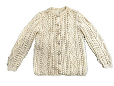 Vtg 70s Hand Knit Wool Aran Fisherman Cardigan Sweater Popcorn Coquette L-XL EUC picture