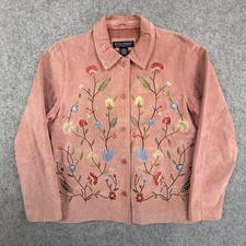 Dialogue Womens Pink Leather Suede Floral Embroidered Button Jacket Size Large picture