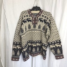 Vintage Nordic Fair Isle Sweater Mens XL Cream Moose Metal Clasp Knit Pullover picture