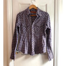 Vintage Arch Indigo Raw Edge Plaid Pearl Snap Western Shirt Made in USA Medium picture