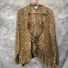 Y2K J. Jill 100% Silk Floral Patchwork Ruffle Front Blouse Size 2X Brown Fairy picture