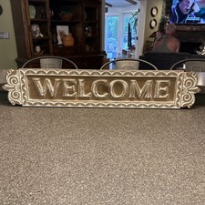 Large Hand Carved Wooden Welcome Sign 34”x7” Distressed Style Shabby Chic Look picture