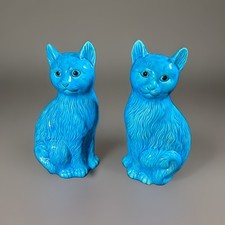 Antique Pair Of Glazed Ceramic Turquoise Porcelain Cats 10.5in Tall picture