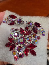 Vtg 1950's Ruby Red AB Rhinestone Brooch Earring Set Demi Parure Juliana Style picture