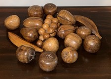 VTG Hand Carved Wood Fruit 17 Piece Set Brown Retro Centerpiece MCM picture