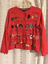 VTG 90s Berek 2 Takako Sakon HandStitched Christmas Cardigan-Red Jolly Hollydays picture