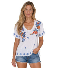 NWT Caite Sami Tee Bright White Floral Embroidered Roses S Small V-Neck Kyla Seo picture