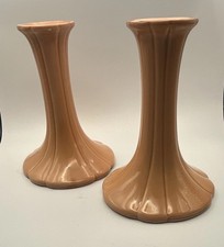 Candlesticks MCM Pair Beige/Peach Ceramic Glossy Japanese by CC Approx 6”, Chic picture