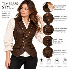 Women’s Brown Leather Vest Vintage Steampunk Waistcoat Sleeveless Gothic Western picture
