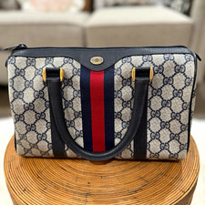 Gucci GG Satchel Top Handle Bag Zip Closure Web Stripe Beige Black Handles picture