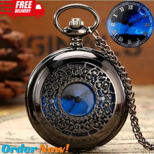 Exquisite Starry Blue Dial Quartz Pocket Watch Roman Numerals Gift picture