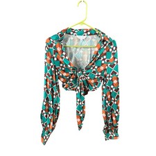 Muy Muy Fancy Collection Geometric Print Tie Front Crop Top Teal Orange Medium picture