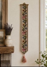 METRAX Belgium Woven Floral Tapestry Brass Bell Pull WALL ART Hanging Vintage picture