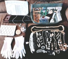 VINTAGE & MIX JUNK DRAWER Lot JEWELRY Gloves PURSES RHINESTONE BELT Compact 35pc picture