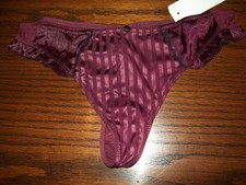 NWT JEZEBEL RETRO STRIPE SATIN THONG PANTIES  90671 DRD BURGUNDY L picture