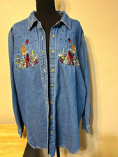 Just My Size 18W 20W Embroidered Cardinal Bird Denim Shirt Cottagecore Plus Size picture