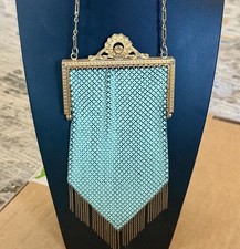 1920s Mandalian Gold Filigreed Frame Chain Enamel Teal Flapper Mesh Purse w/ Box picture