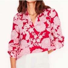 Boden Grace 100% Linen long sleeve pink red floral V-Neck blouse vacation US 14 picture