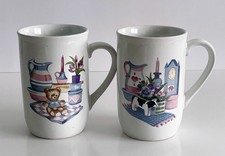 Vintage Country Cottage Core Ceramic Coffee Mugs Teddy Bear Cow Korea Set of 2 picture