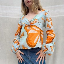 Vintage Custo Barcelona Y2K blue and orange butterfly cotton peasant blouse Sz 4 picture
