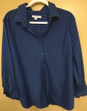 Chico's Size (3.5) 18 Blue Black Stripe CC Monogram Cuff 3/4 Button-Front Shirt picture