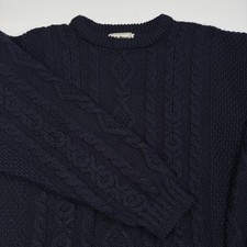 LL Bean Sweater Mens XL Navy Blue Wool Aran Cable Knit Crewneck Made Ireland picture