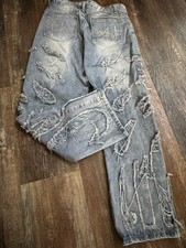 Reaven Y2K Distressed Denim Jeans Heavy Frayed Embroidery Streetwear picture