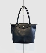 Auth Longchamp Le Pliage Cuir Medium Black Leather Tote picture