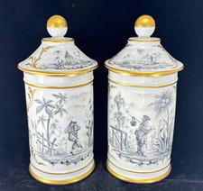 Set of 2 Antique French Porcelain Apothecary Jars - Hand Painted - Chinoiserie picture