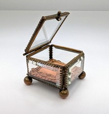 Antique Victorian Vitrine Glass Jewelry Casket Trinkit Box Silk Cushion c1900 picture