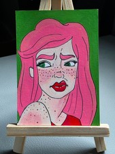 ACEO Beautiful Woman Green Eyes Pink Hair Original Painting SLBArtAndDesign picture