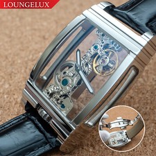 Mens Silver Skeleton Bridge Manual Mechanical Watch - Black Leather Strap picture